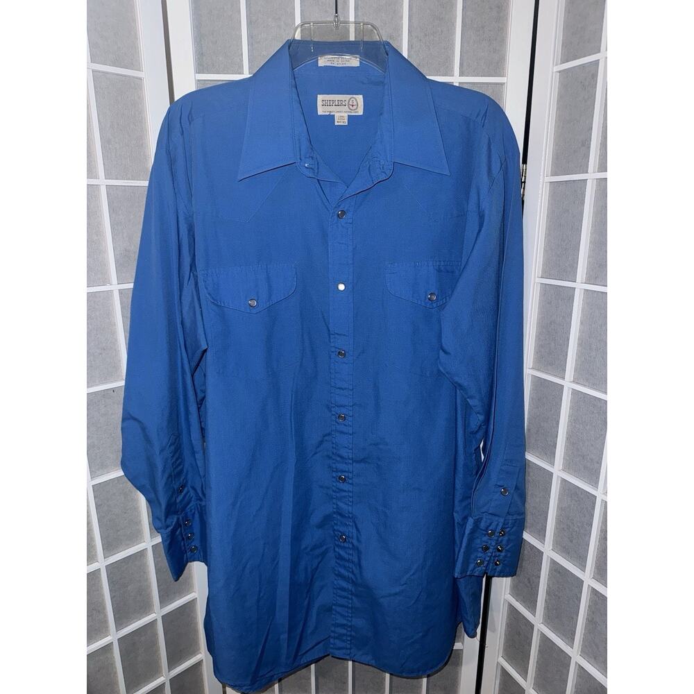 Sheplers Western Shirt Mens Large 16.5-33 Blue Pearl Snap Cowboy Rodeo Rancher